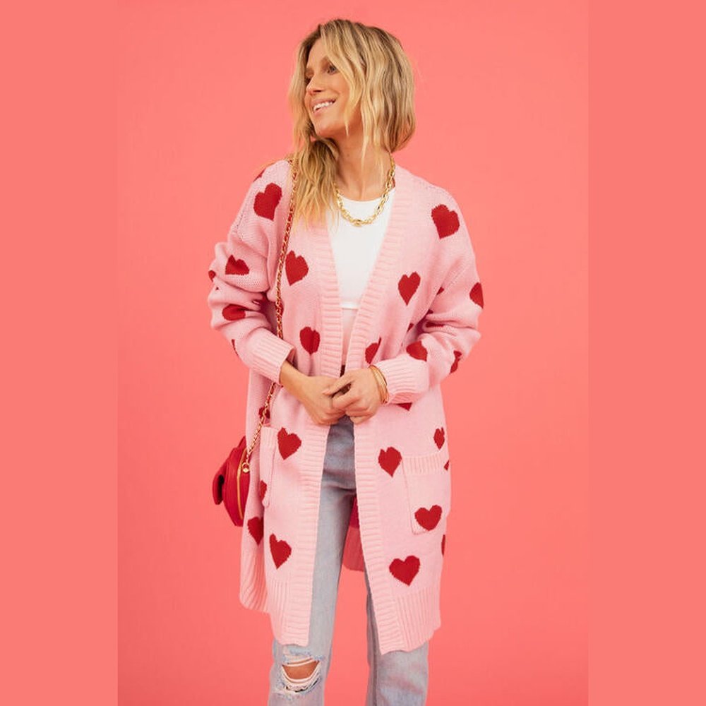 Heart Graphic Open Front Cardigan with Pockets