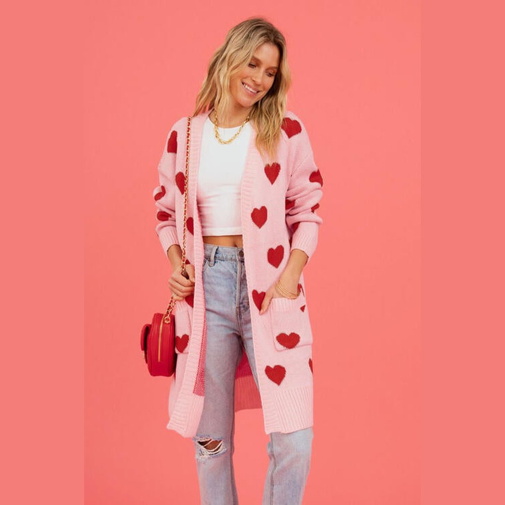 Heart Graphic Open Front Cardigan with Pockets