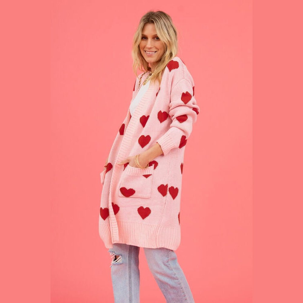 Heart Graphic Open Front Cardigan with Pockets
