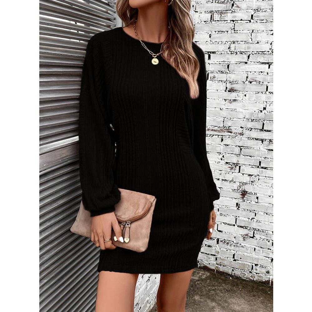 Ribbed Round Neck Long Sleeve Dress