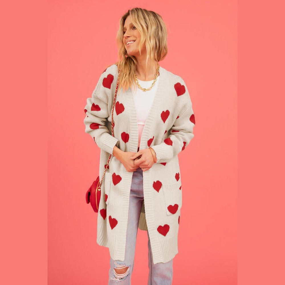 Heart Graphic Open Front Cardigan with Pockets