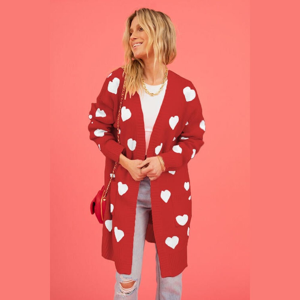 Heart Graphic Open Front Cardigan with Pockets