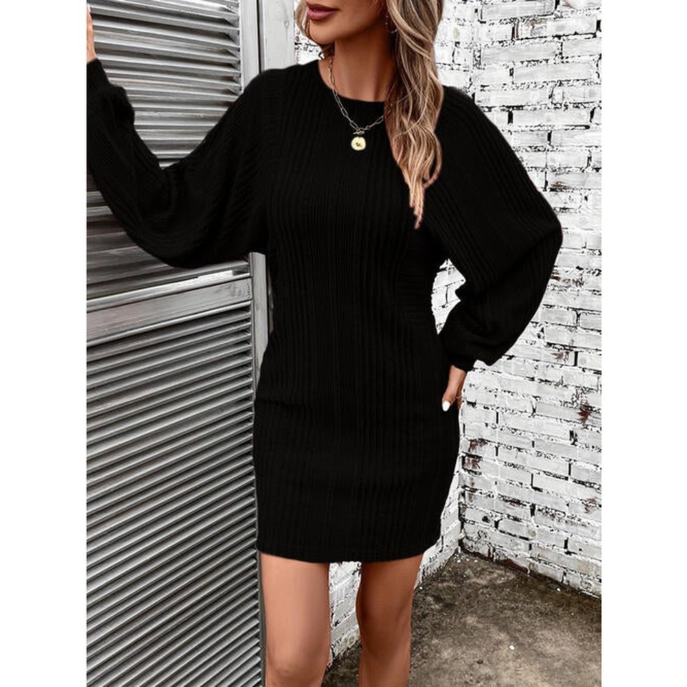 Ribbed Round Neck Long Sleeve Dress