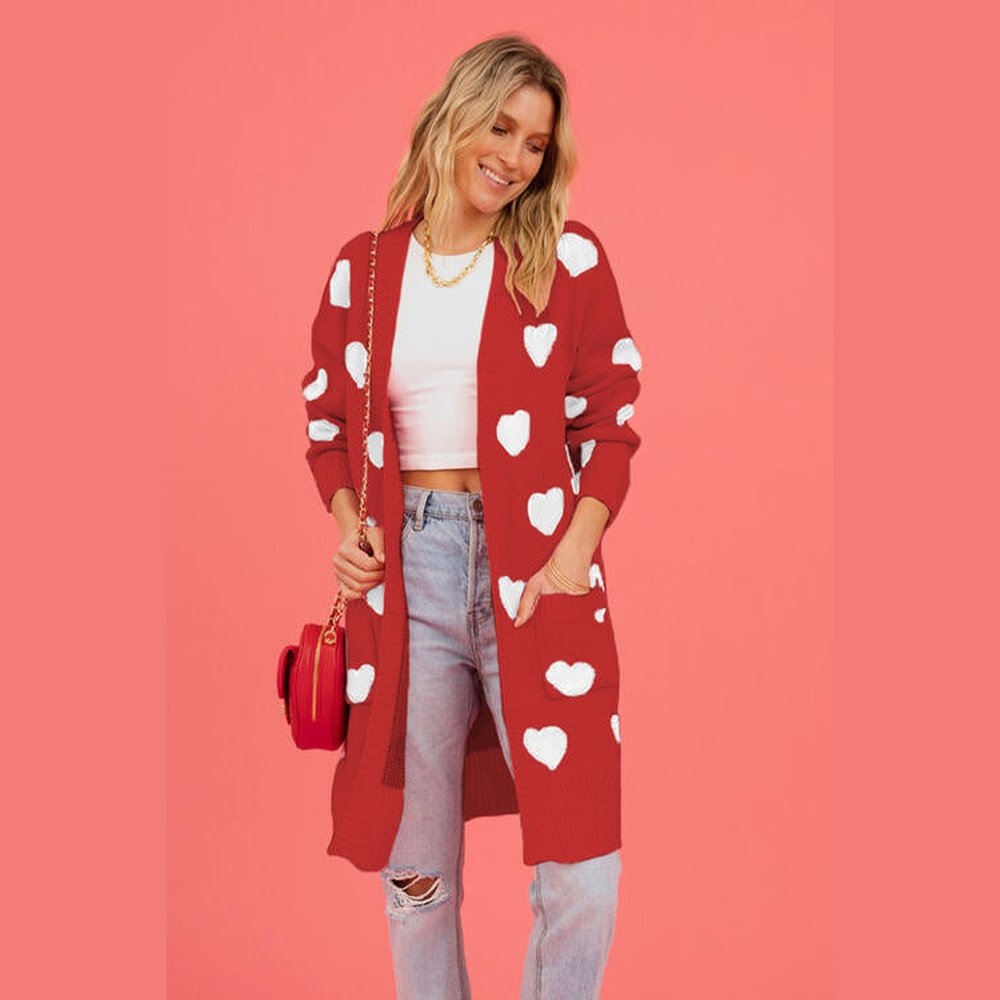 Heart Graphic Open Front Cardigan with Pockets