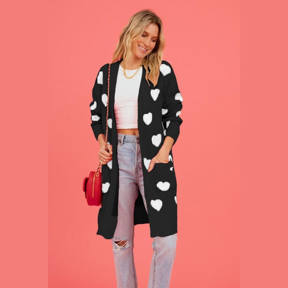 Heart Graphic Open Front Cardigan with Pockets