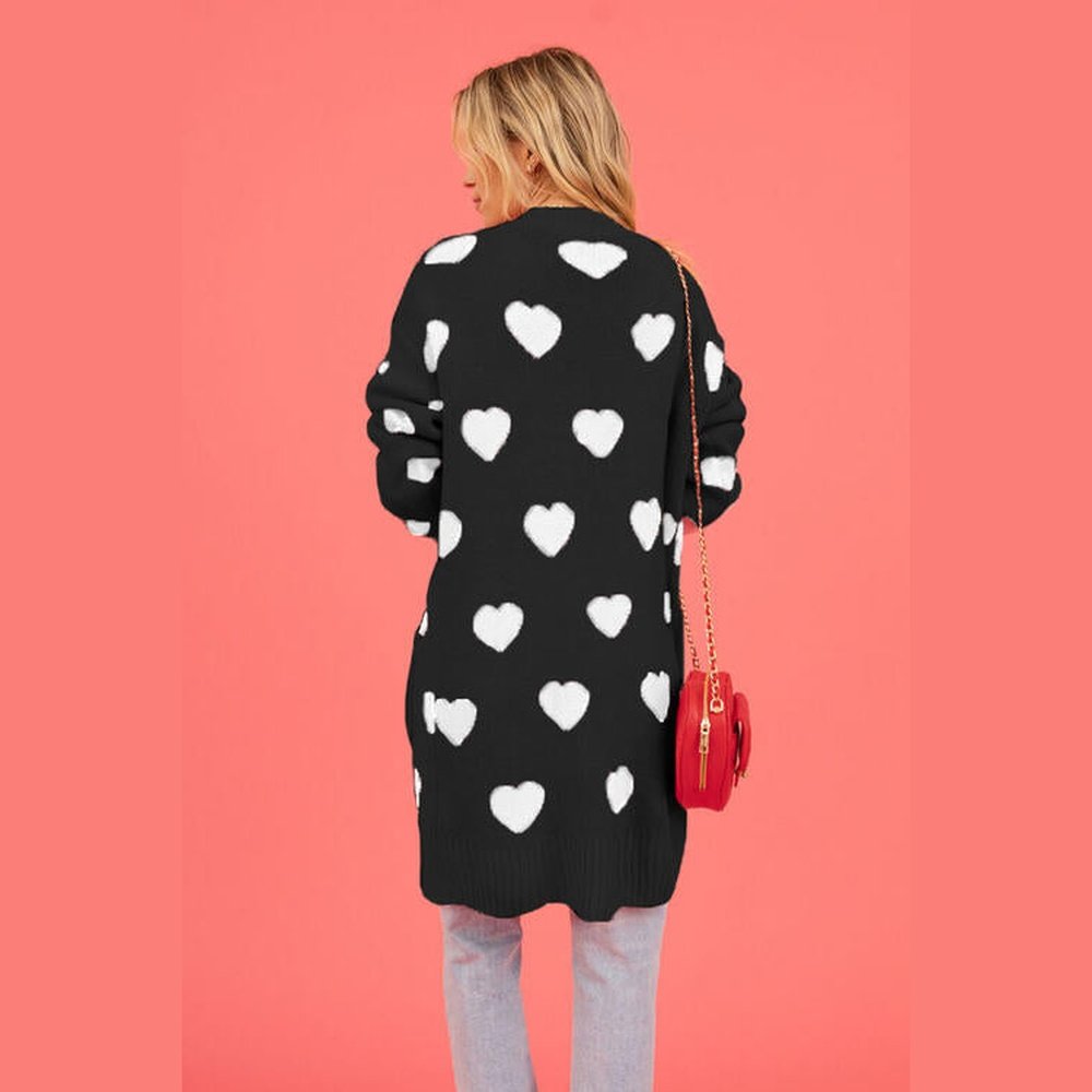 Heart Graphic Open Front Cardigan with Pockets