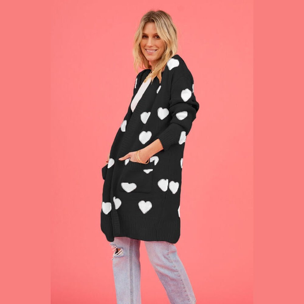 Heart Graphic Open Front Cardigan with Pockets